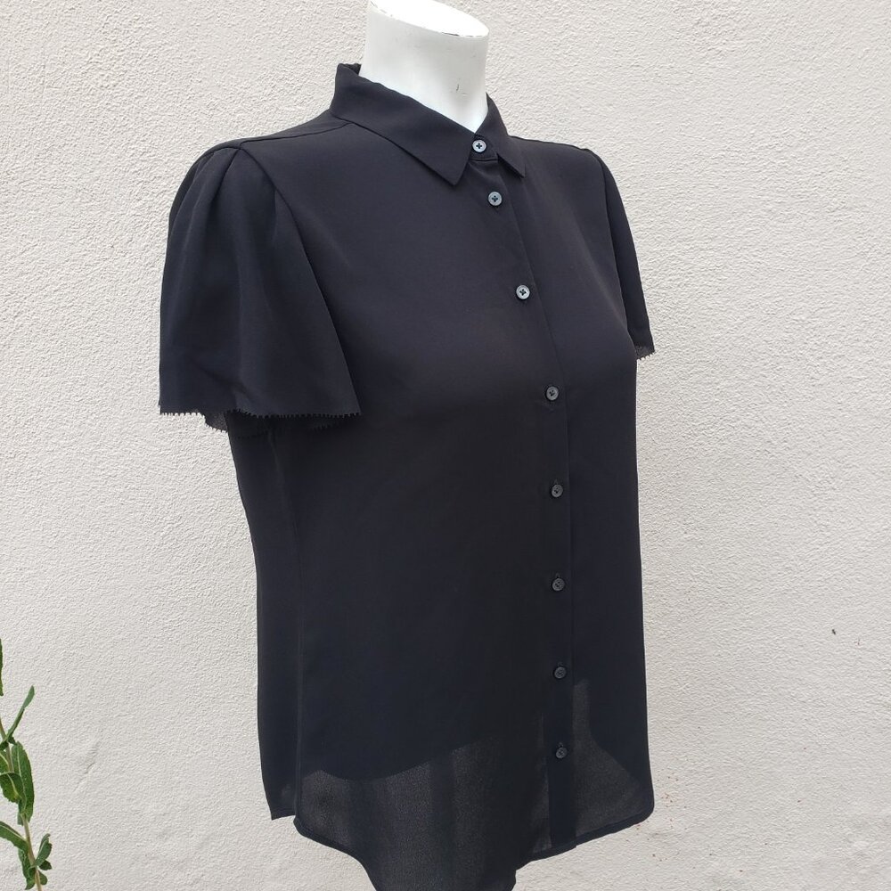 black short sleeve button down silky top with laser cut sleeve edging